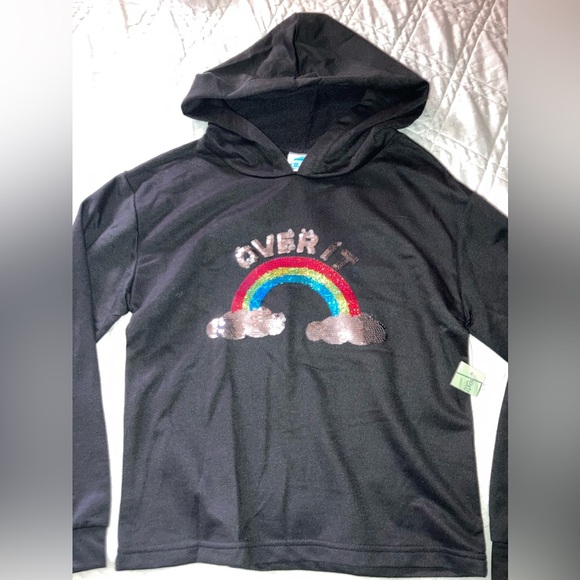 EXPRESS ME “OVER IT” Black Pull over hoodie w/ shiny sequence sz:10-12 girls 🌈 - Picture 7 of 8